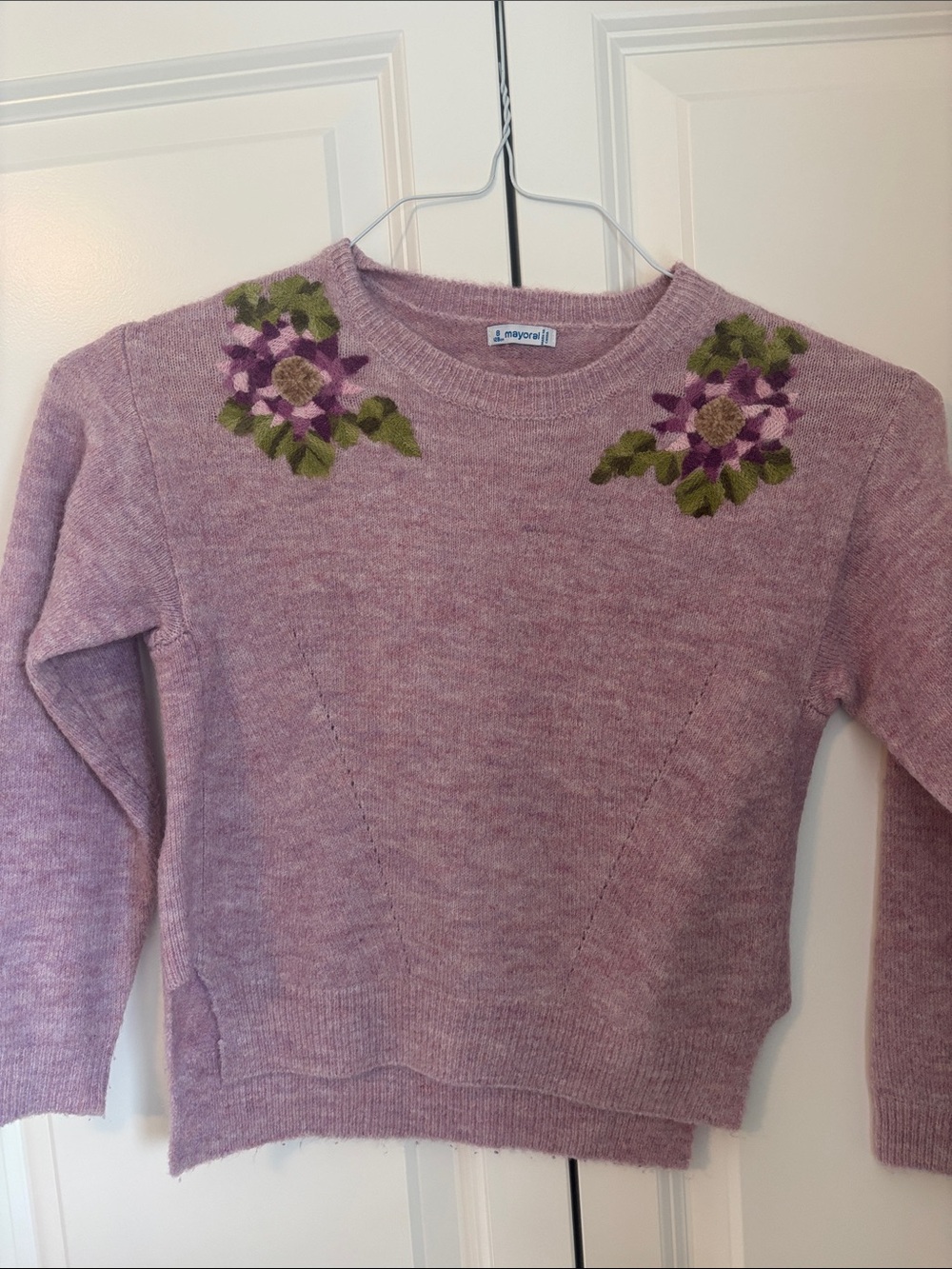 Mayoral Lilac Crewneck Sweater with Purple & Green Floral Embroidery